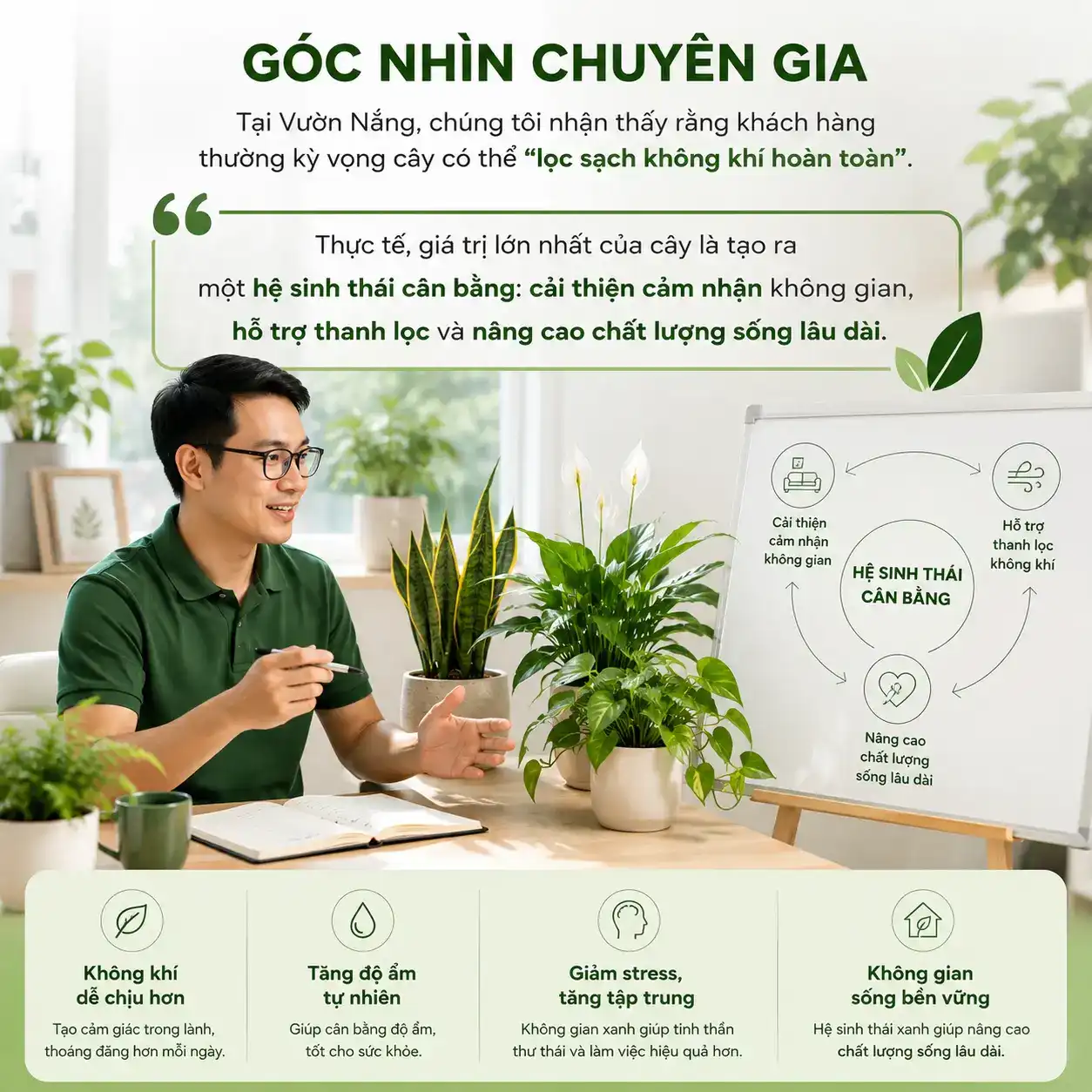 Góc nhìn chuyên gia về cây cảnh trong nhà lọc không khí giúp tạo hệ sinh thái cân bằng, cải thiện cảm nhận không gian và nâng cao chất lượng sống lâu dài Hình ảnh minh họa góc nhìn chuyên gia về lợi ích thực tế của cây cảnh trong nhà lọc không khí. Cây xanh giúp tạo hệ sinh thái cân bằng, cải thiện cảm nhận không gian, tăng độ ẩm tự nhiên, giảm stress và nâng cao chất lượng sống trong căn hộ, văn phòng hiện đại.