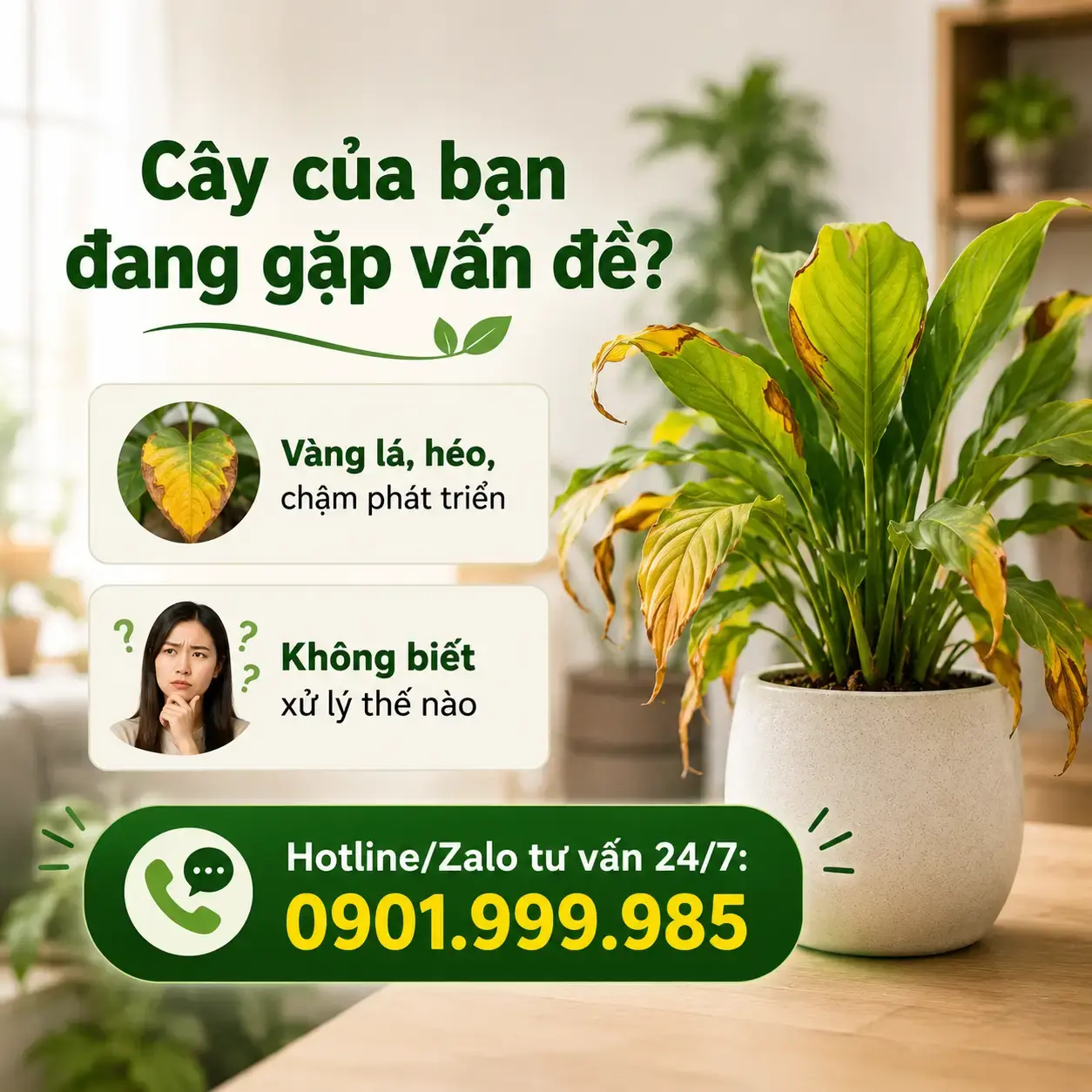 Cây cảnh trong nhà bị vàng lá, héo hoặc chậm phát triển? Nhận tư vấn chăm sóc và xử lý nhanh từ chuyên gia cây xanh. Hình ảnh CTA tư vấn chăm sóc cây cảnh trong nhà bị vàng lá, héo hoặc chậm phát triển. Chuyên gia cây xanh hỗ trợ hướng dẫn xử lý các vấn đề thường gặp khi chăm sóc cây nội thất, cây văn phòng và cây lọc không khí trong nhà.