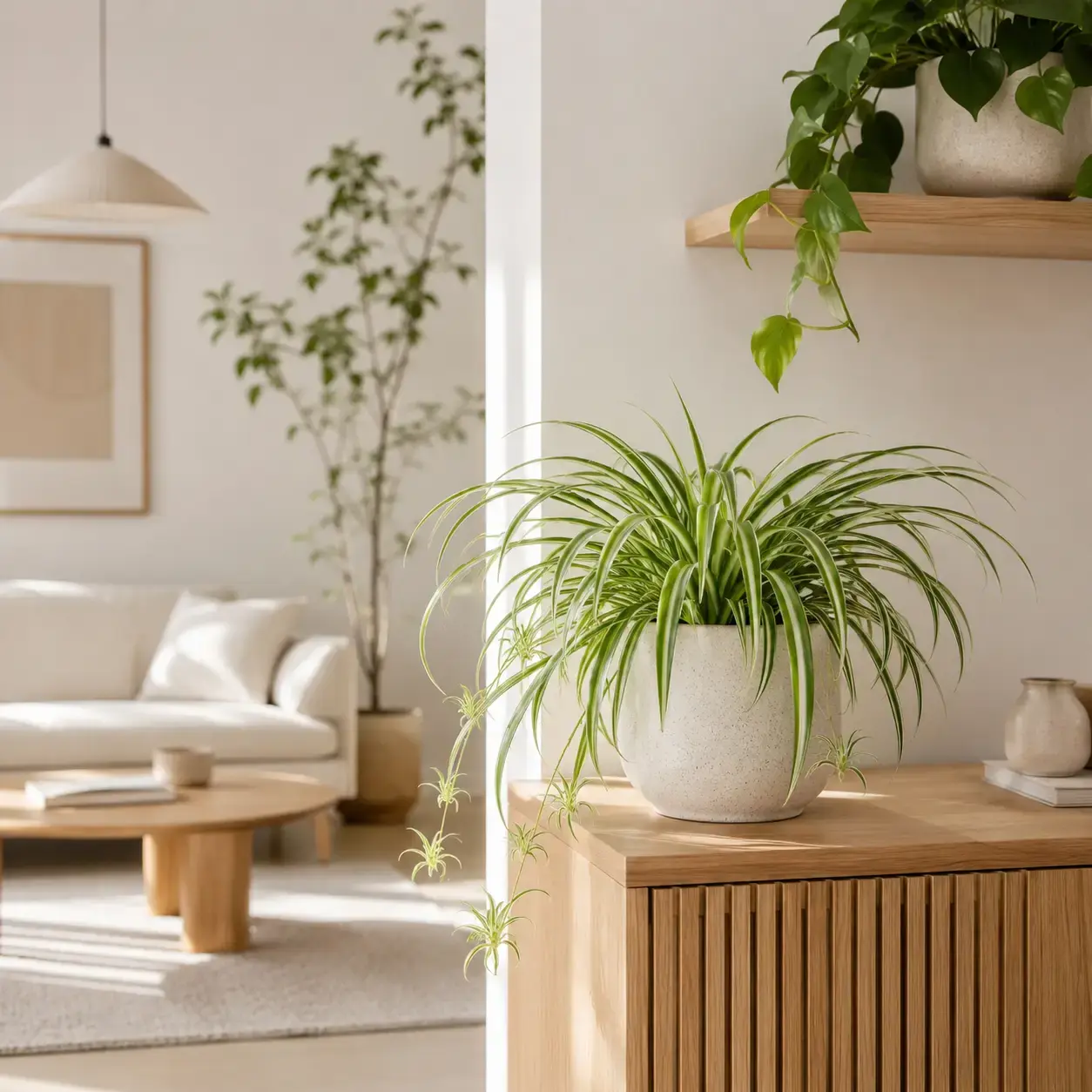 Hình ảnh cây dây nhện (Spider Plant) decor trong căn hộ phong cách Scandinavian và Japandi hiện đại. Cây có lá mềm rủ tự nhiên, phù hợp không gian minimal, dễ chăm sóc và an toàn với thú cưng.