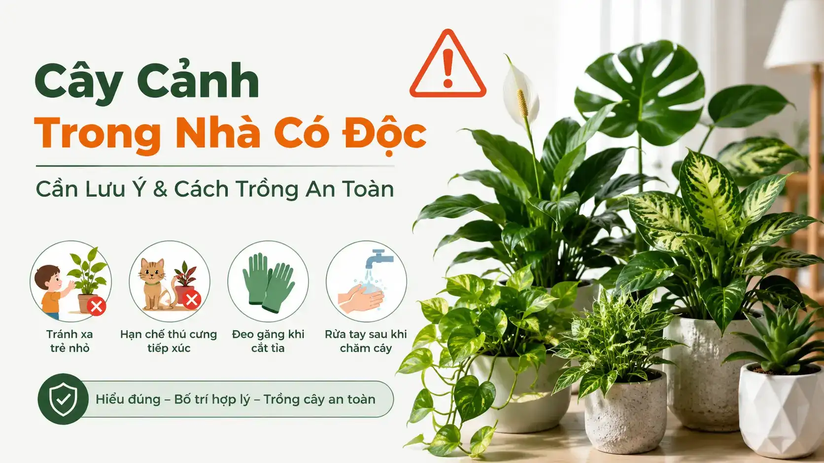 Hình ảnh minh họa các loại cây cảnh trong nhà có độc phổ biến như monstera, lan ý, trầu bà và vạn niên thanh cùng những lưu ý quan trọng khi trồng cây trong nhà có trẻ nhỏ hoặc thú cưng.