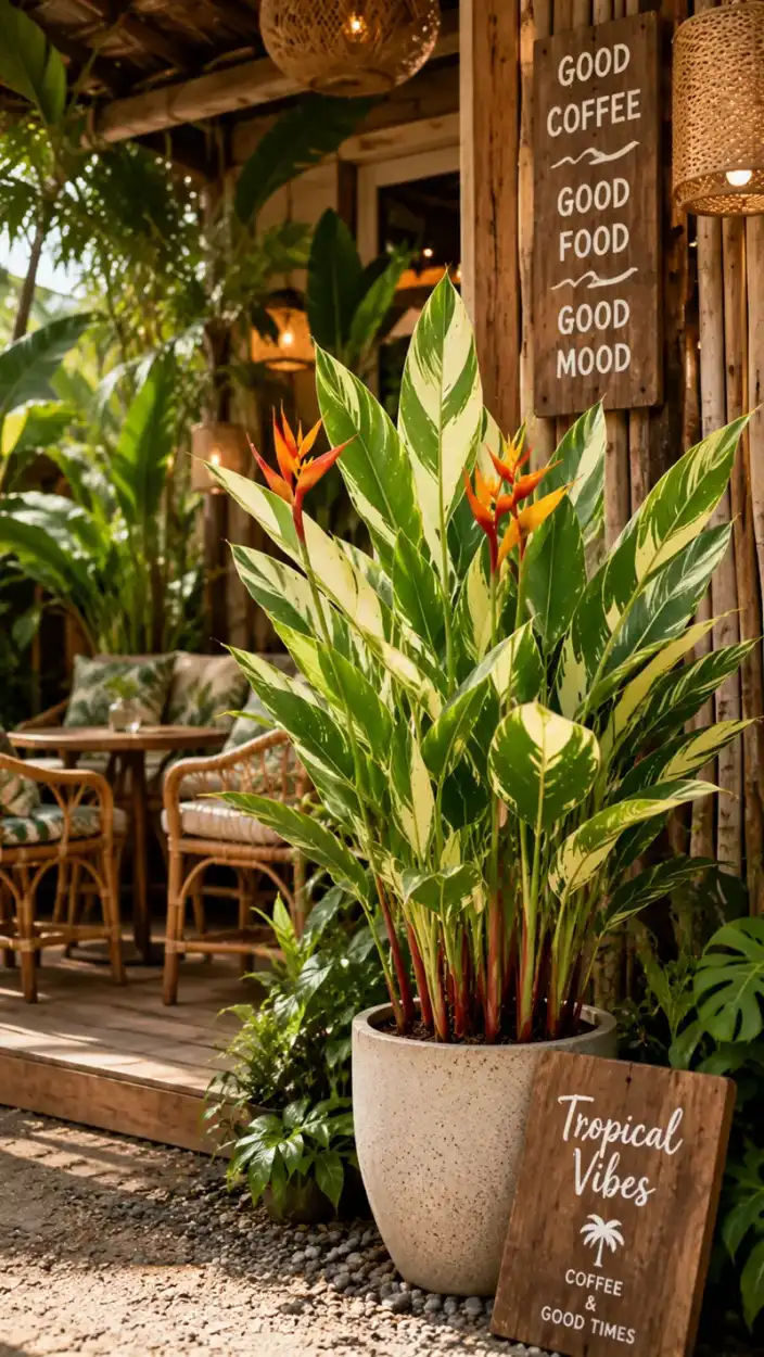 Cây chuối mỏ két cẩm thạch đặt gần lối đi decor quán cafe Cây chuối mỏ két cẩm thạch đặt gần lối đi decor quán cafe