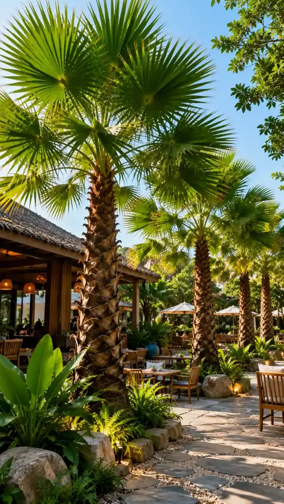 Cây cọ ta công trình đẹp trồng bên ngoài quán cafe Cây cọ ta công trình đẹp trồng bên ngoài quán cafe