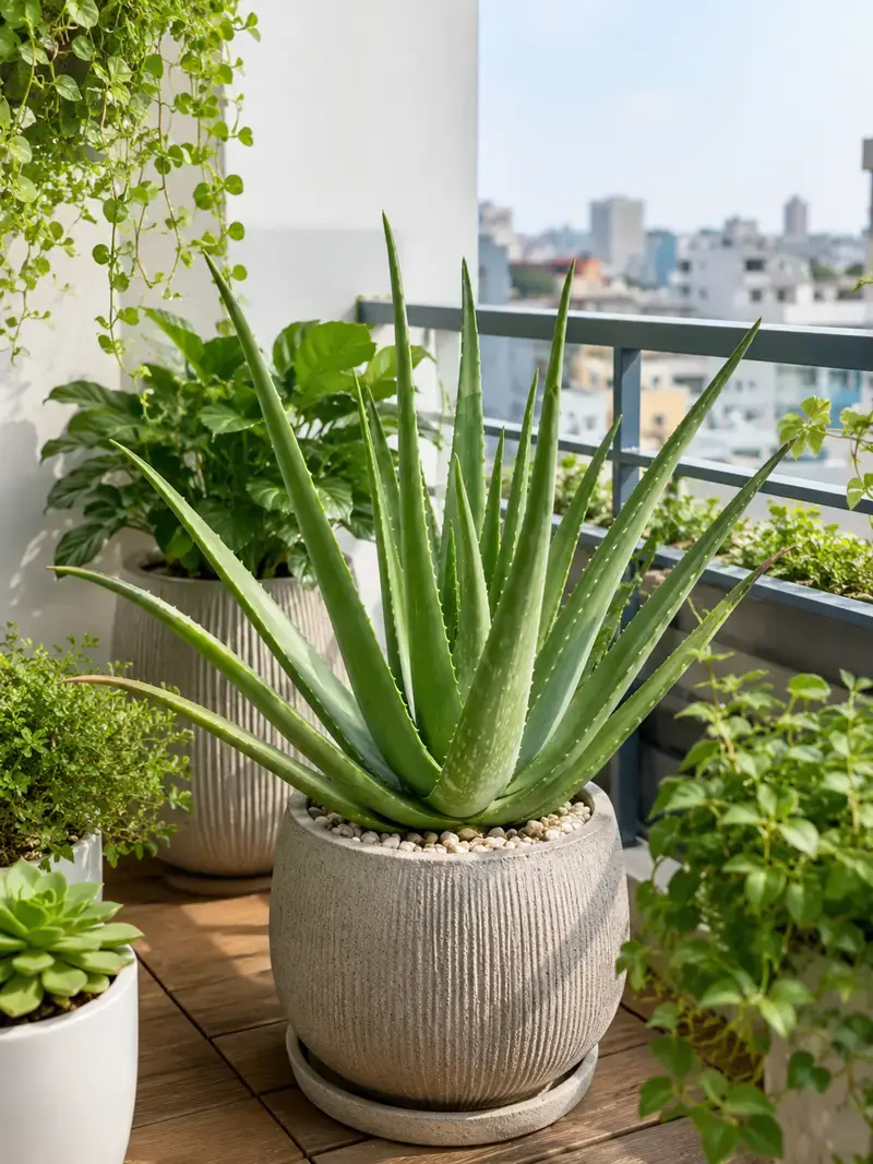 Cây nha đam phối chậu decor đặt tại ban công căn hộ Hình ảnh cây nha đam được phối cùng chậu decor phong cách hiện đại đặt tại ban công căn hộ. Cây phù hợp với không gian nhiều ánh sáng tự nhiên và có thể kết hợp cùng các loại cây cảnh khác để tạo góc thư giãn xanh mát.