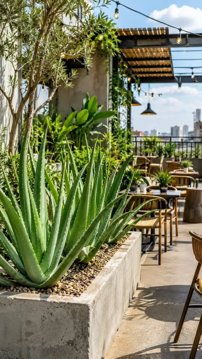 Cây nha đam trang trí quán cafe sân thượng ngoài trời Hình ảnh cây nha đam được trồng dọc khu vực quán cafe sân thượng với phong cách hiện đại, nhiều ánh sáng tự nhiên và không gian mở. Đây là loại cây cảnh ngoại thất phù hợp cho quán cafe, rooftop và khu vực thư giãn ngoài trời.