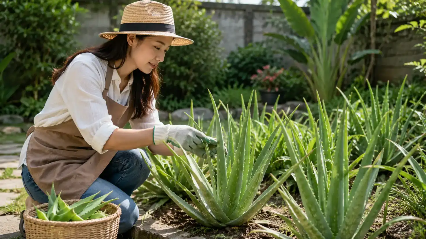 Người chăm sóc cây nha đam trồng ngoài trời trong sân vườn Hình ảnh người đang chăm sóc cây nha đam trồng ngoài trời trong khu vực sân vườn nhiều ánh sáng tự nhiên. Cây có lá xanh khỏe, mọng nước và được bố trí theo cụm cảnh quan phù hợp cho sân vườn, ban công hoặc không gian ngoại thất.