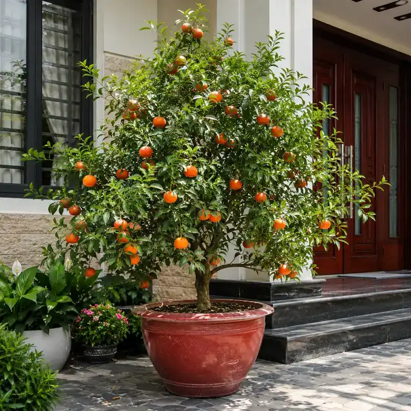 Cây quýt đường trồng chậu đặt trước cửa nhà Hình ảnh cây quýt đường trồng trong chậu lớn đặt trước hiên nhà với nhiều quả chín nổi bật. Cây giúp không gian ngoại thất thêm sinh động và mang cảm giác sung túc, gần gũi thiên nhiên.