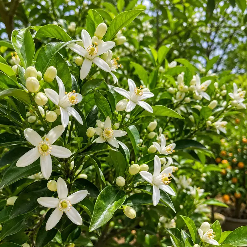 Cận cảnh hoa quýt đường nở rộ trên cây Cận cảnh hoa quýt đường màu trắng nở rộ trên nền lá xanh bóng mượt. Hoa có hương thơm dịu nhẹ và là giai đoạn báo hiệu cây chuẩn bị bước vào thời kỳ đậu trái.