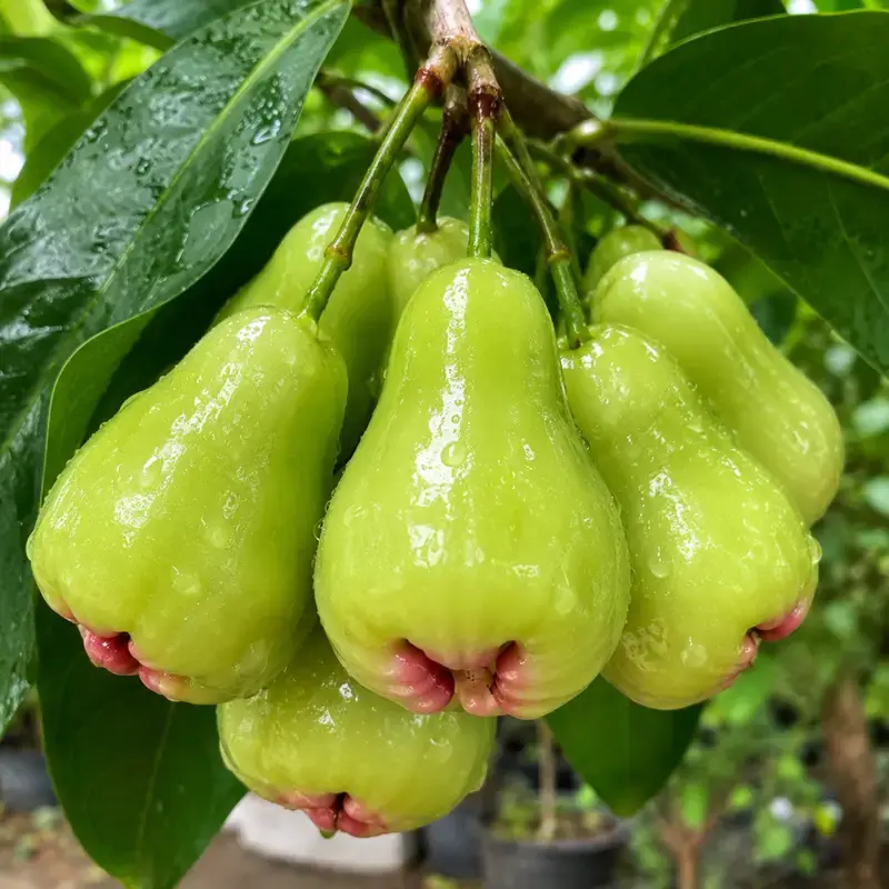 Hình ảnh cận cảnh quả mận đường xanh với đặc điểm trái tròn, vỏ xanh bóng và mọng nước. Đây là giống mận được ưa chuộng nhờ độ giòn cao và vị ngọt dễ ăn.