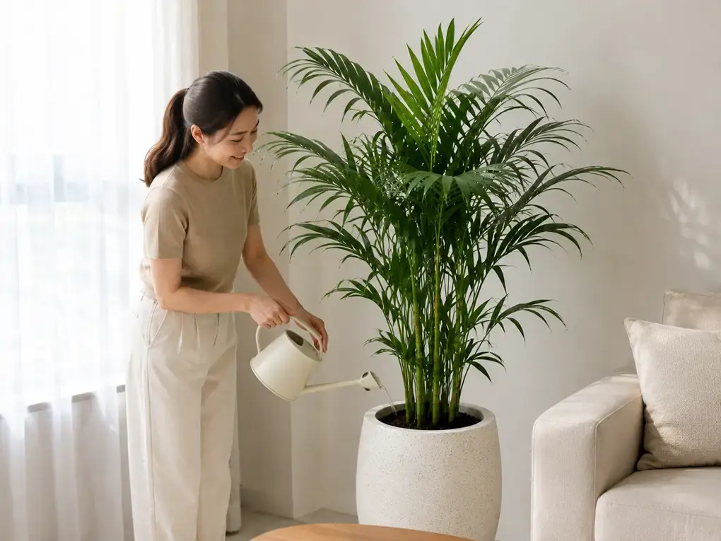 Hình ảnh chủ nhà đang chăm sóc và tưới nước cho cây Cau Hawai đặt trong phòng khách. Đây là công việc đơn giản nhưng quan trọng giúp cây sinh trưởng tốt và giữ được vẻ đẹp tự nhiên lâu dài.