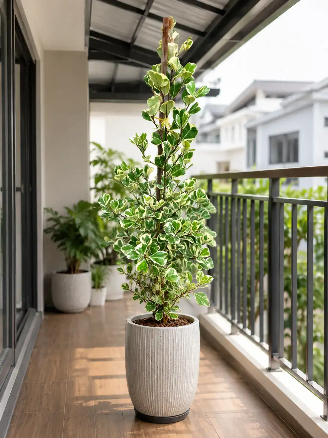 Chậu cây Đa Tam Phúc đặt ngoài ban công có mái che Hình ảnh chậu cây Đa Tam Phúc đặt ngoài ban công có mái che, cây có dáng thân cao, lá xanh bóng viền trắng kem đặc trưng. Vị trí ban công sáng, thoáng và tránh nắng gắt trực tiếp giúp cây phát triển ổn định, phù hợp trang trí căn hộ, nhà phố hoặc khu vực thư giãn ngoài trời.