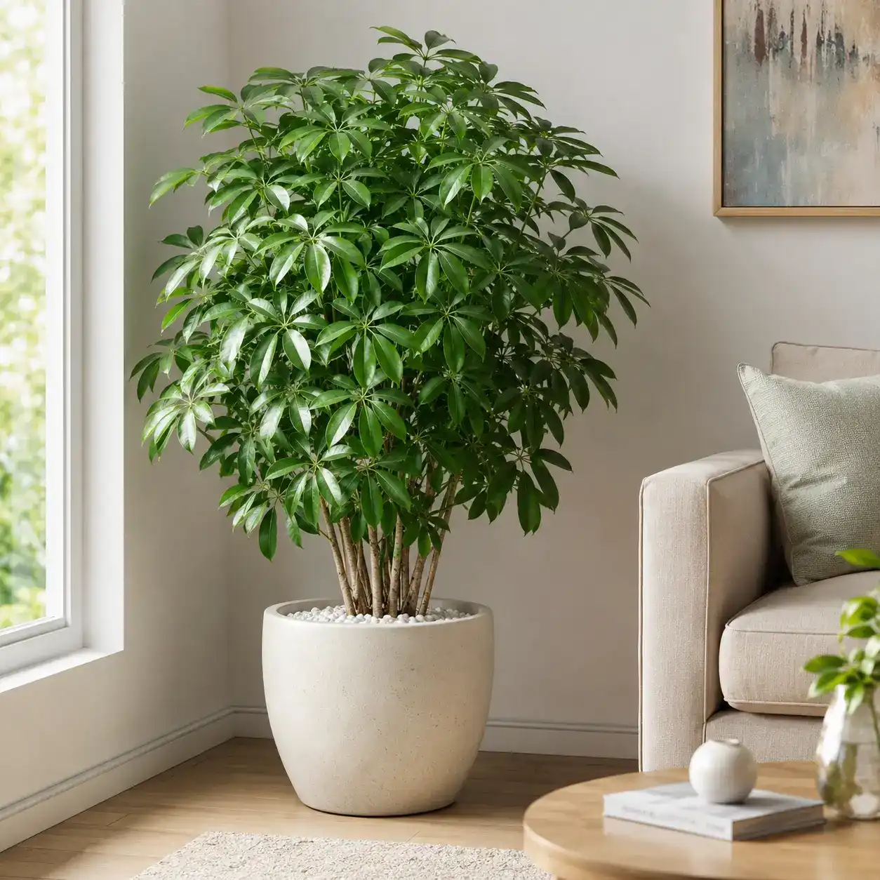 Hình ảnh cây ngũ gia bì trồng trong chậu lớn đặt ở góc phòng khách, cạnh sofa và cửa sổ, tạo điểm nhấn xanh cho không gian nội thất. Mẫu cây phù hợp trang trí phòng khách căn hộ, nhà phố và khu vực tiếp khách văn phòng.
