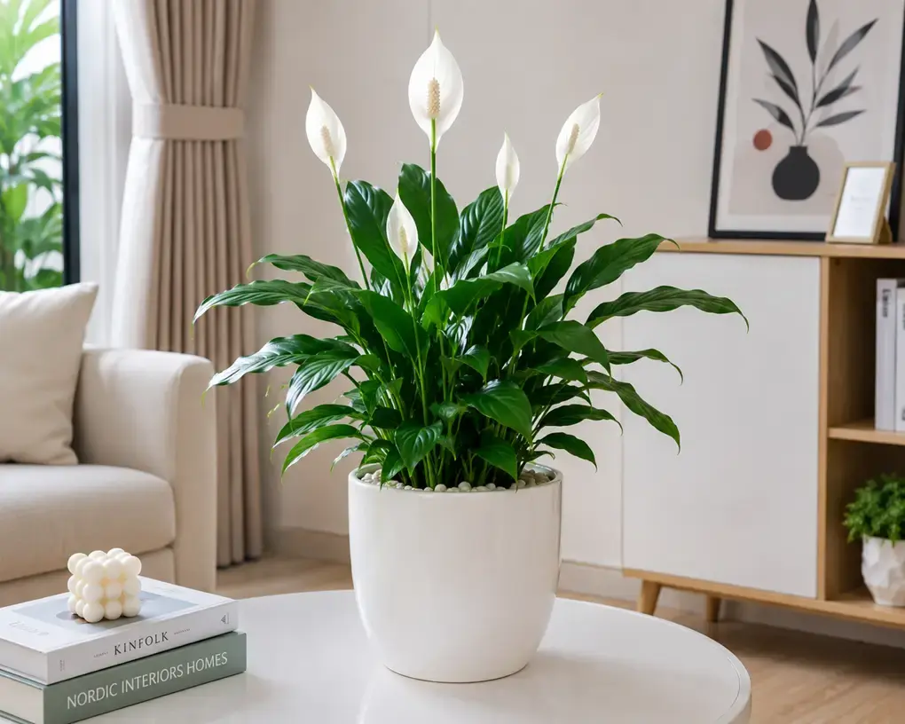 Chậu cây Lan Ý với lá xanh bóng, hoa trắng nổi bật, phù hợp đặt trên bàn trà, kệ trang trí hoặc góc phòng khách căn hộ.