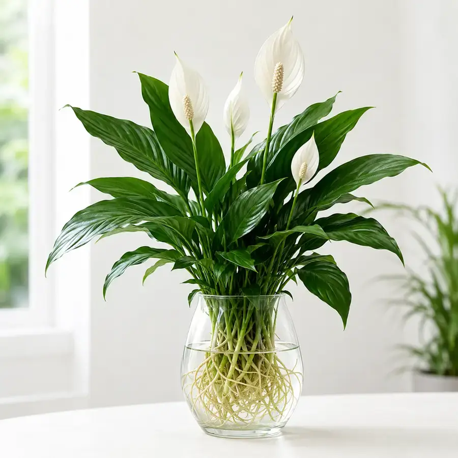 Hình ảnh cây Lan Ý trồng thủy sinh trong lọ thủy tinh, nổi bật với lá xanh bóng, hoa trắng và bộ rễ khỏe dễ quan sát