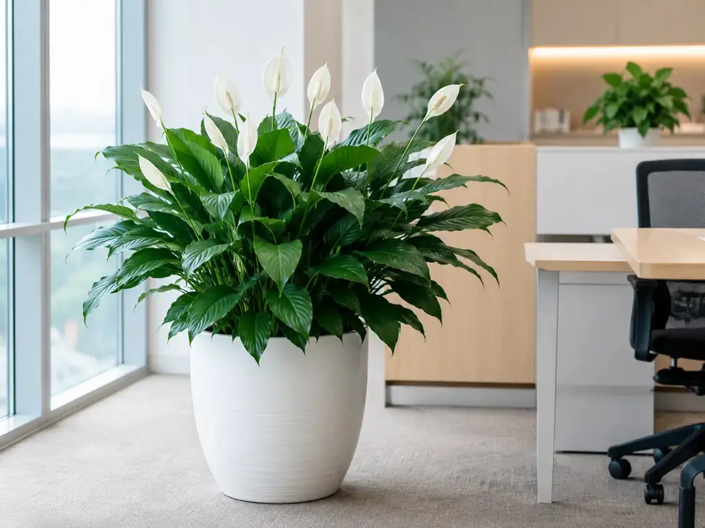 Hình ảnh cây Lan Ý cỡ lớn phối chậu trắng đặt sàn trong văn phòng hiện đại, phù hợp góc làm việc, phòng họp, sảnh hoặc khu vực tiếp khách.