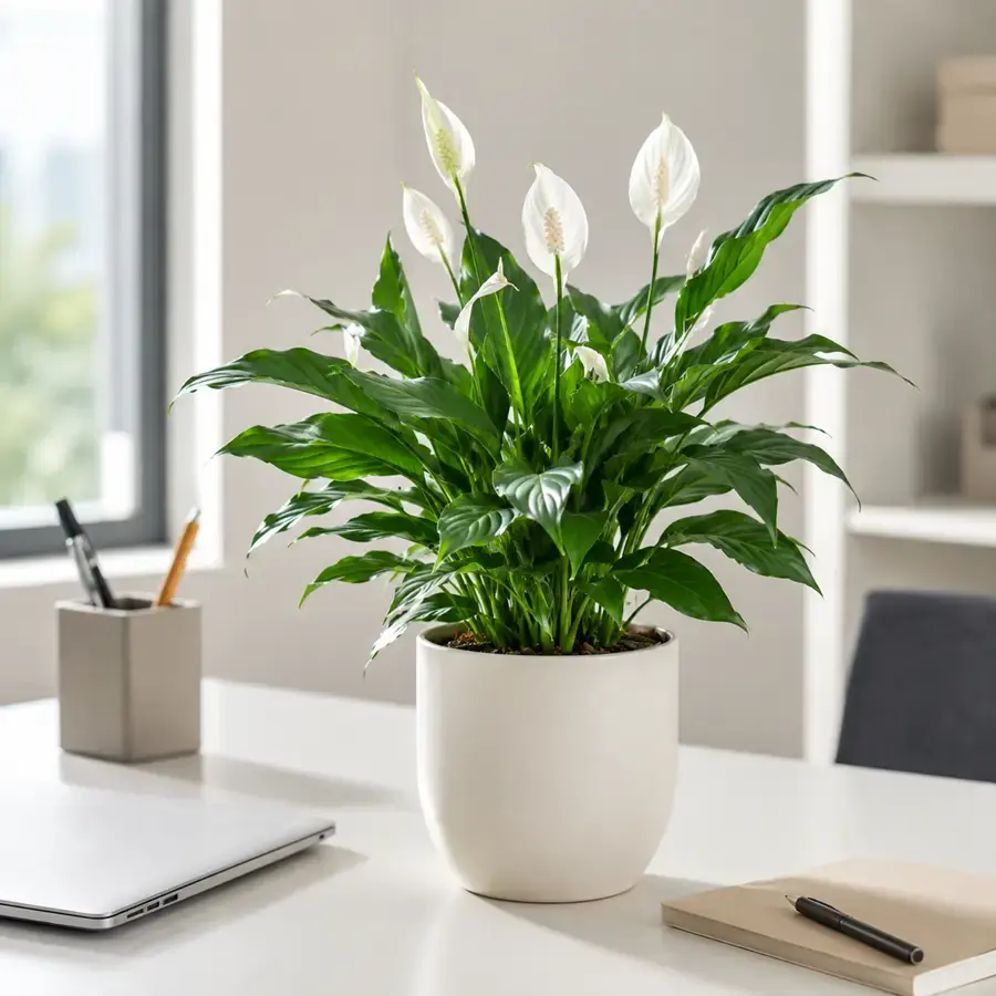 Hình ảnh cây Lan Ý trồng chậu trắng đặt trên bàn làm việc, phù hợp văn phòng, bàn cá nhân, phòng làm việc tại nhà hoặc quầy tư vấn.
