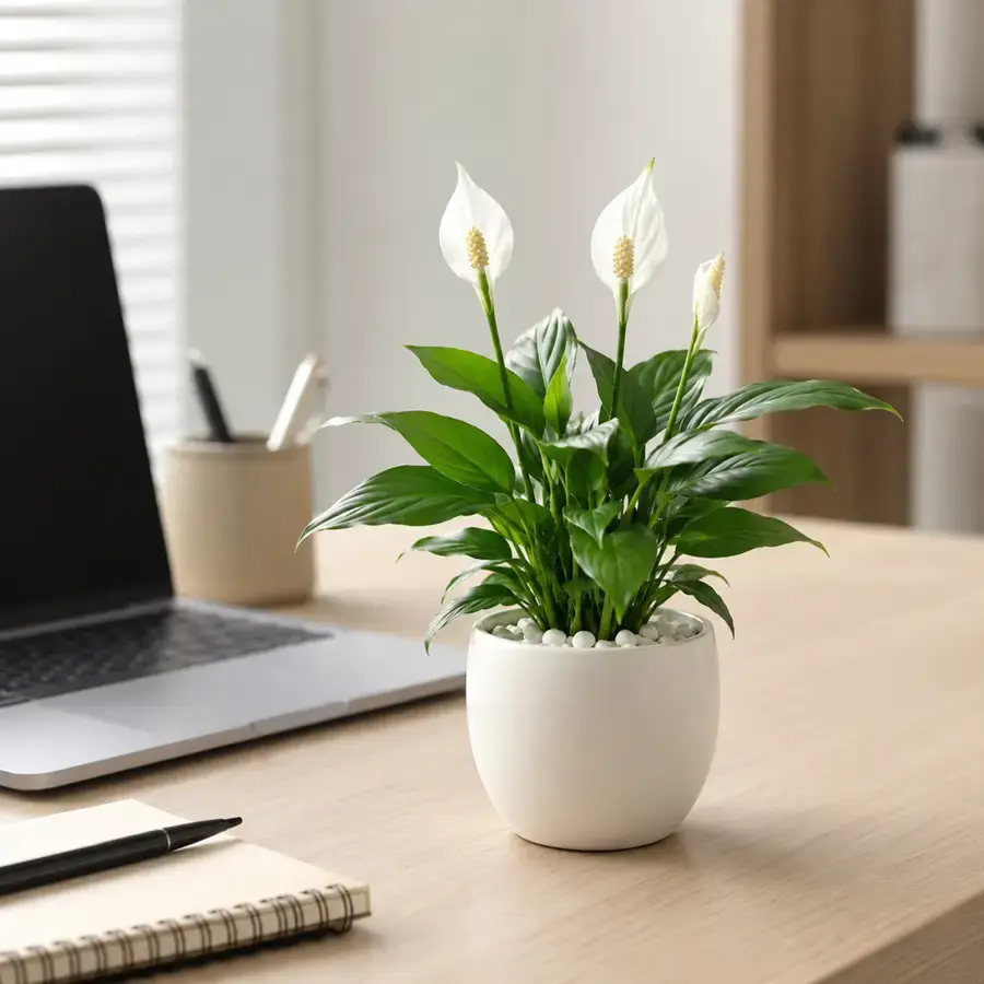 Mẫu cây Lan Ý mini phối chậu trắng, kích thước gọn, thích hợp trang trí bàn làm việc, bàn học, kệ nhỏ hoặc không gian văn phòng tối giản.