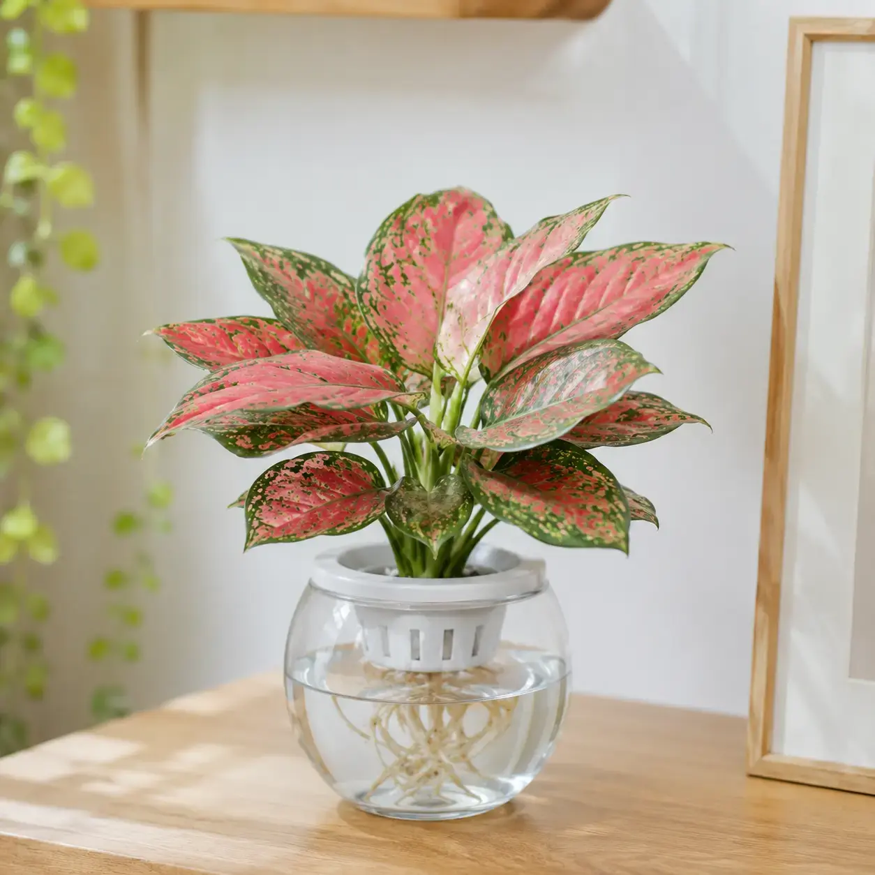 Hình ảnh cây Vạn Lộc trồng thủy sinh, rễ sạch trong nước, lá đỏ hồng pha xanh tự nhiên, thích hợp trang trí không gian nội thất.
