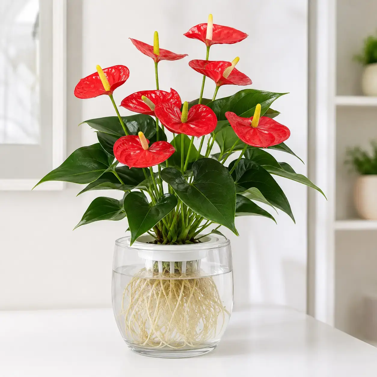 Cây Hồng Môn thủy sinh trong bình thủy tinh để bàn Hình ảnh cây Hồng Môn thủy sinh với hoa đỏ, lá xanh bóng và bộ rễ trắng khỏe trong bình thủy tinh.