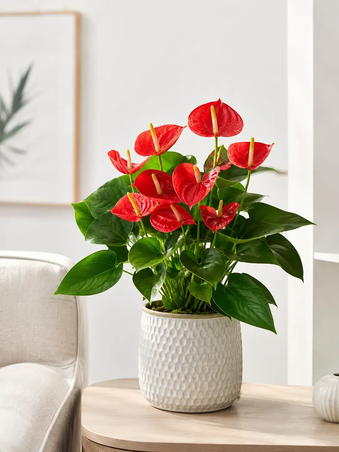 Cây Hồng Môn đỏ trang trí phòng khách hiện đại Hình ảnh cây Hồng Môn đỏ đặt trong phòng khách hoặc góc nội thất hiện đại. Cây có hoa đỏ bóng, lá xanh đậm và chậu phối đẹp, phù hợp đặt trên bàn phụ, kệ trang trí, bàn tiếp khách hoặc góc nhà có ánh sáng nhẹ.