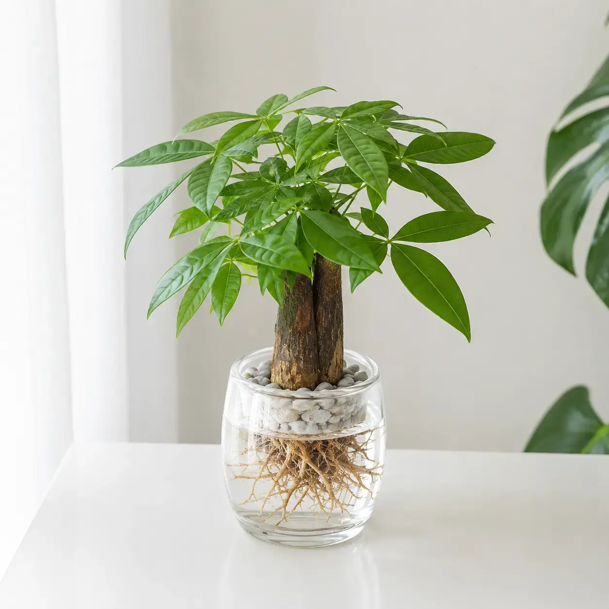 Hình ảnh cây Kim Ngân thủy sinh với bộ rễ tự nhiên trong nước sạch, lá xanh đẹp và dáng cây gọn, phù hợp cho khách hàng yêu thích phong cách cây để bàn sạch, tối giản.