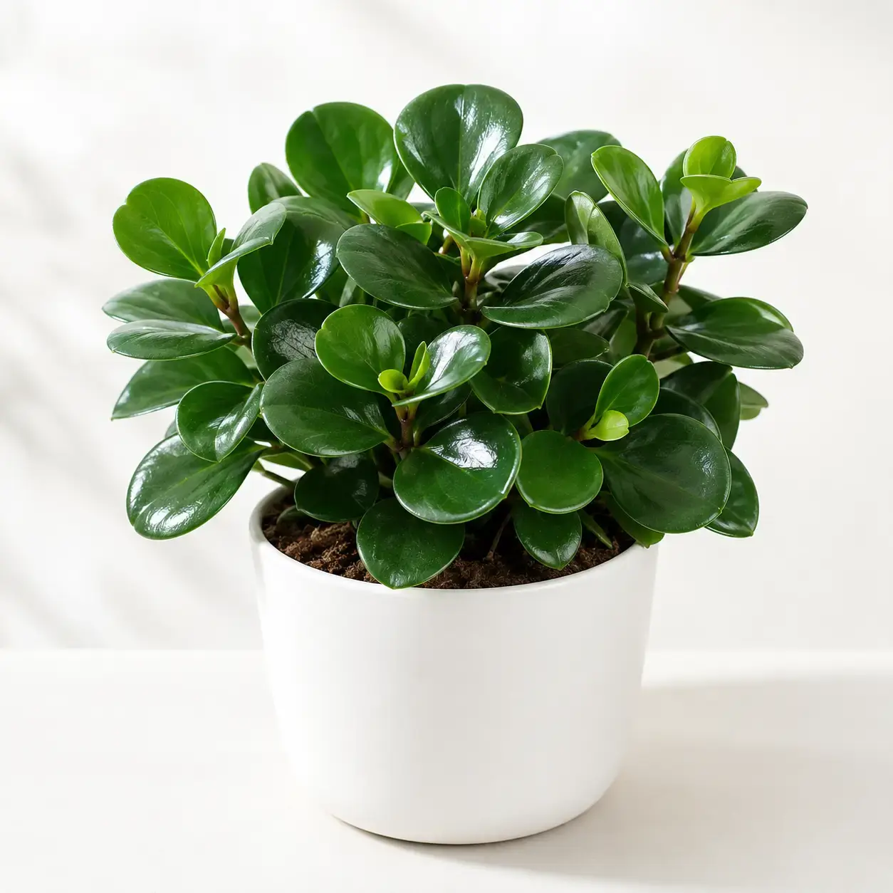 Hình ảnh cây Trường Sinh để bàn với dáng bụi nhỏ gọn, lá xanh bóng, phối chậu sứ trắng trên nền sáng,