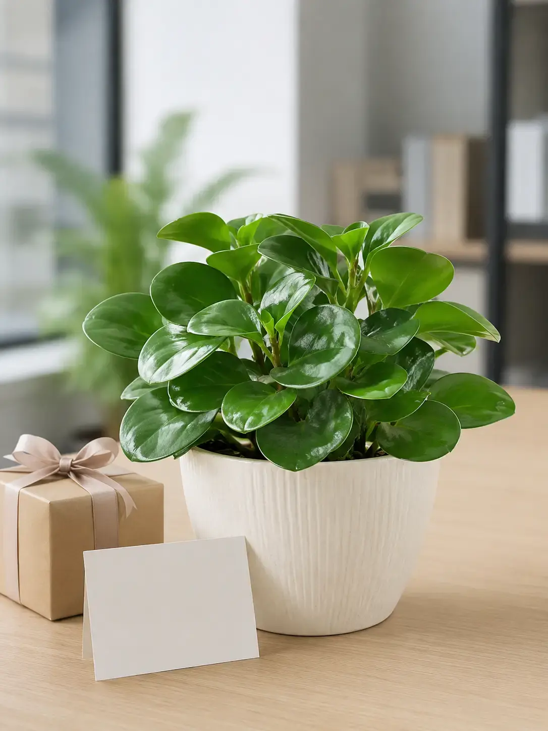 Hình ảnh cây Trường Sinh phối chậu sứ đẹp, đặt cạnh hộp quà và thiệp trống, phù hợp minh họa ý tưởng tặng cây để bàn cho đồng nghiệp, khách hàng hoặc đối tác.