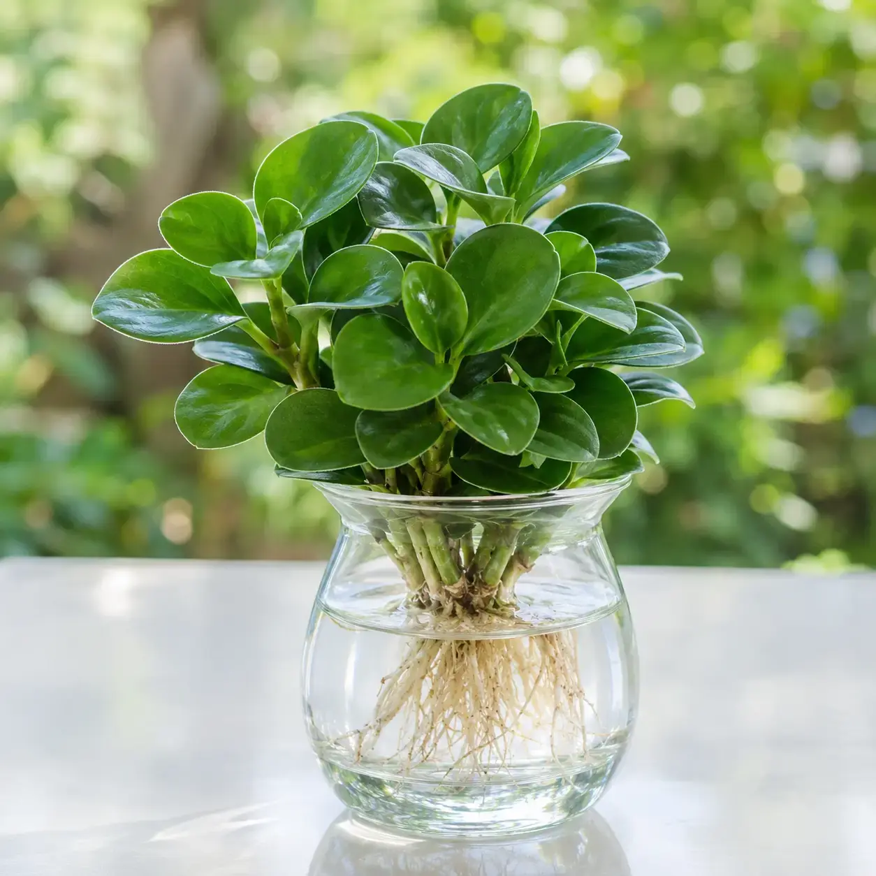 Mẫu cây Trường Sinh thủy sinh với lá xanh bóng, rễ tự nhiên trong bình thủy tinh trong suốt