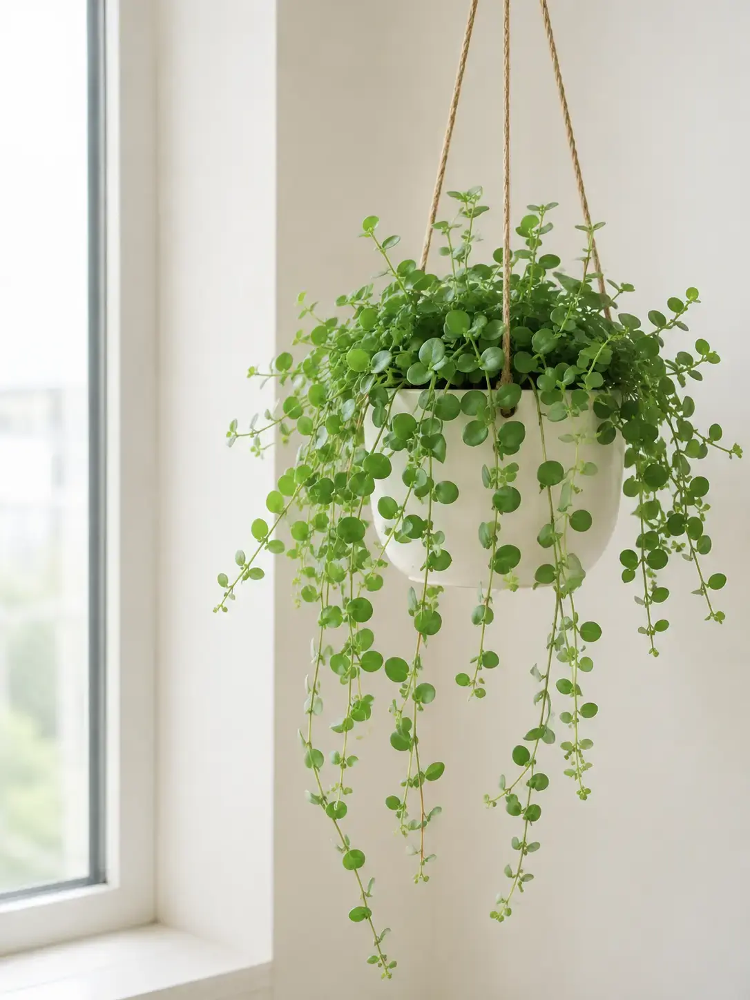 Cây Đô La chậu treo gần cửa sổ trong nhà Hình ảnh Cây Đô La trồng trong chậu treo màu trung tính, dây treo đơn giản, lá nhỏ xanh tự nhiên và nhiều nhánh rủ mềm
