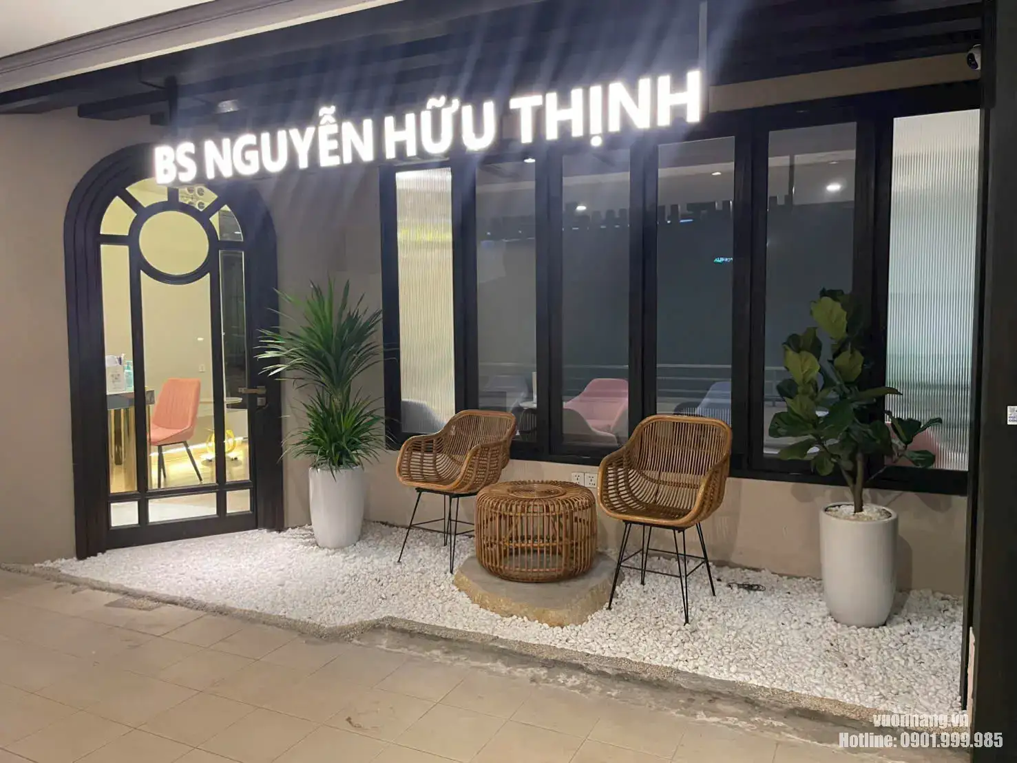 Cây Phát Tài Núi và Bàng Singapore trang trí văn phòng Hình ảnh cây xanh trang trí tại khu vực ghế chờ với chậu trắng và nền sỏi trắng, phù hợp minh họa cho dịch vụ thuê cây văn phòng, phòng khám hoặc showroom.