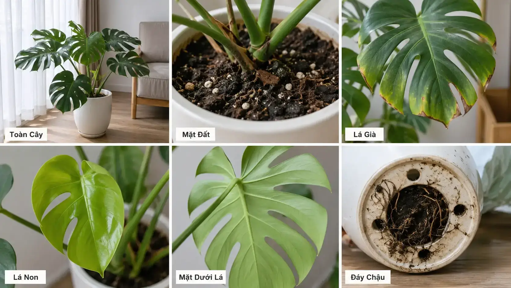 Các vị trí cần kiểm tra khi cây Monstera có dấu hiệu bất thường Hình ảnh 6 góc kiểm tra cây monstera gồm toàn cây, mặt đất, lá già, lá non, mặt dưới lá và đáy chậu