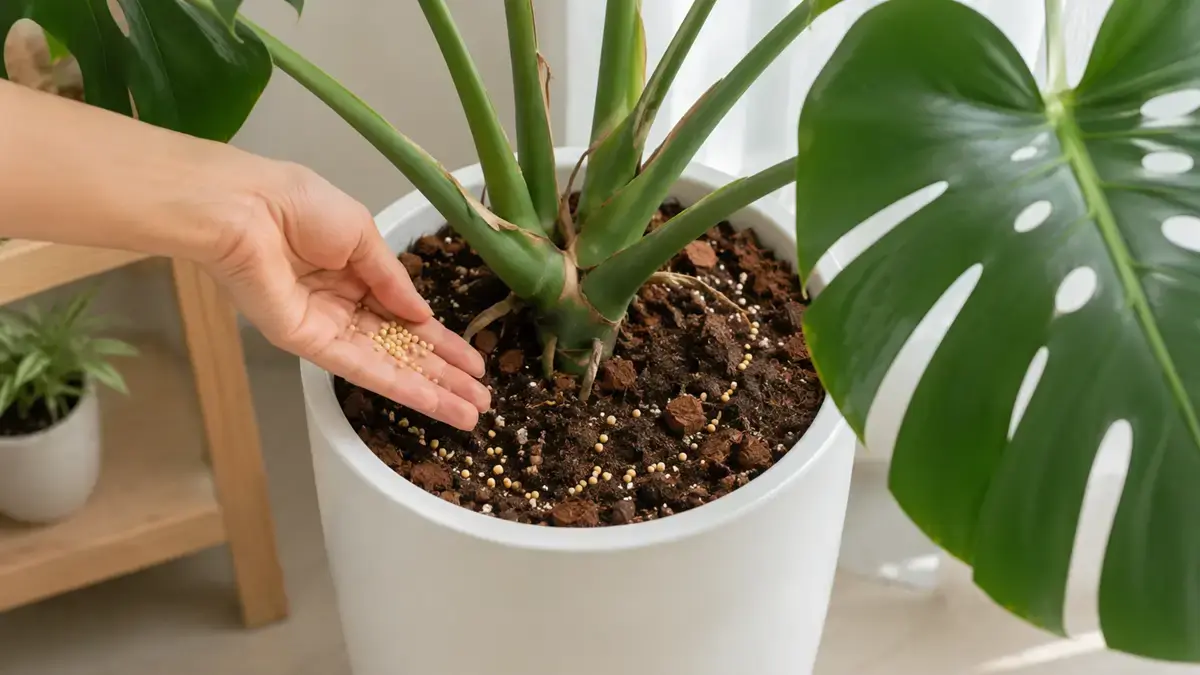 Bón phân tan chậm cho cây Monstera với lượng phù hợp Hình ảnh rải phân tan chậm với lượng vừa phải trên mặt giá thể