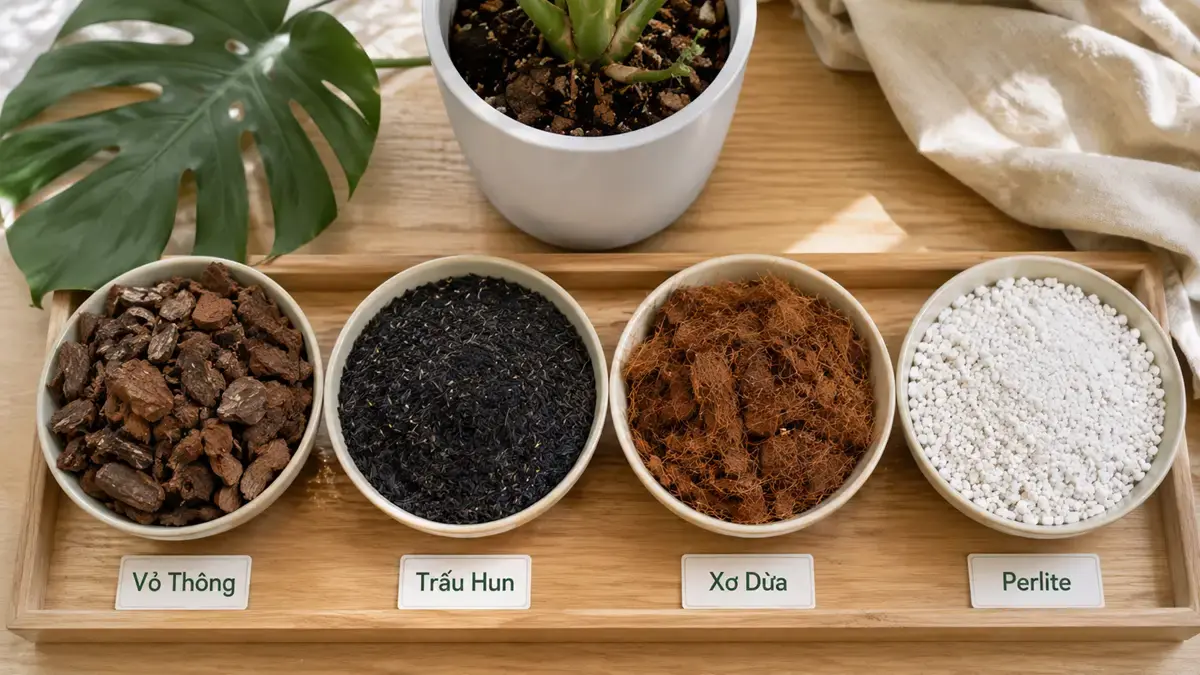 Các thành phần giá thể phù hợp để trồng cây Monstera Các thành phần giá thể như vỏ thông, trấu hun, xơ dừa, perlite