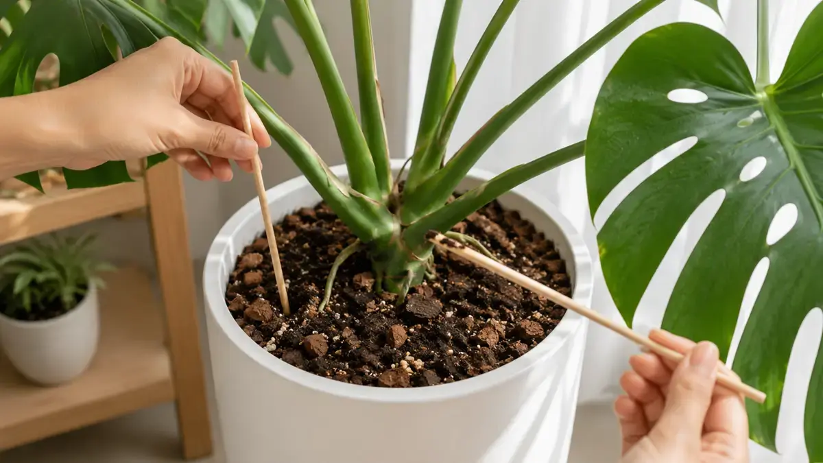 Kiểm tra độ ẩm giá thể trước khi tưới cây Monstera” Dùng que gỗ kiểm tra độ ẩm giá thể trước khi tưới nước cho cây Monstera