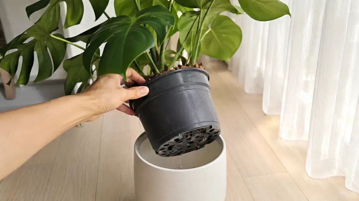 Bầu trồng Monstera có lỗ thoát nước đặt trong chậu trang trí Bầu nhựa trồng cây Monstera có lỗ đặt trong chậu sứ trang trí