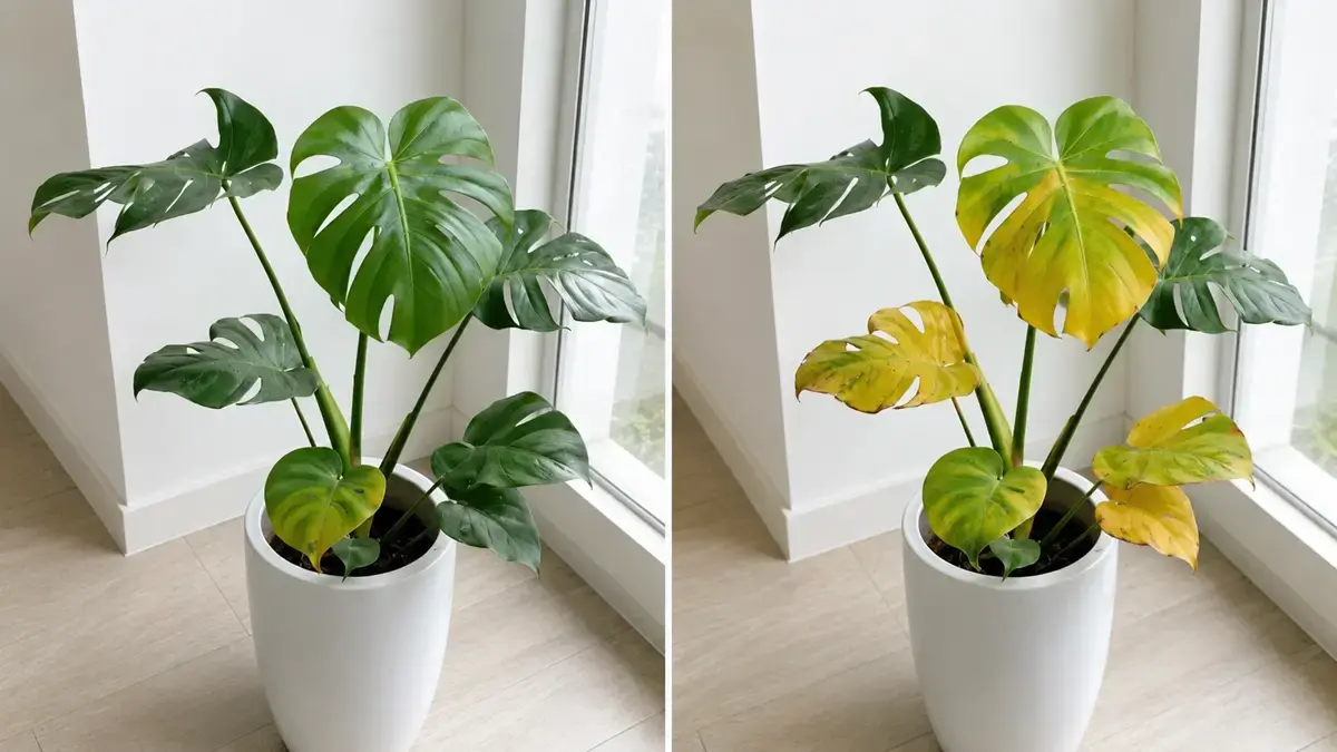 Phân biệt Monstera vàng lá già tự nhiên và vàng lá bất thường Hình ảnh so sánh một lá già vàng tự nhiên và nhiều lá vàng bất thường trên cùng chậu Monstera.