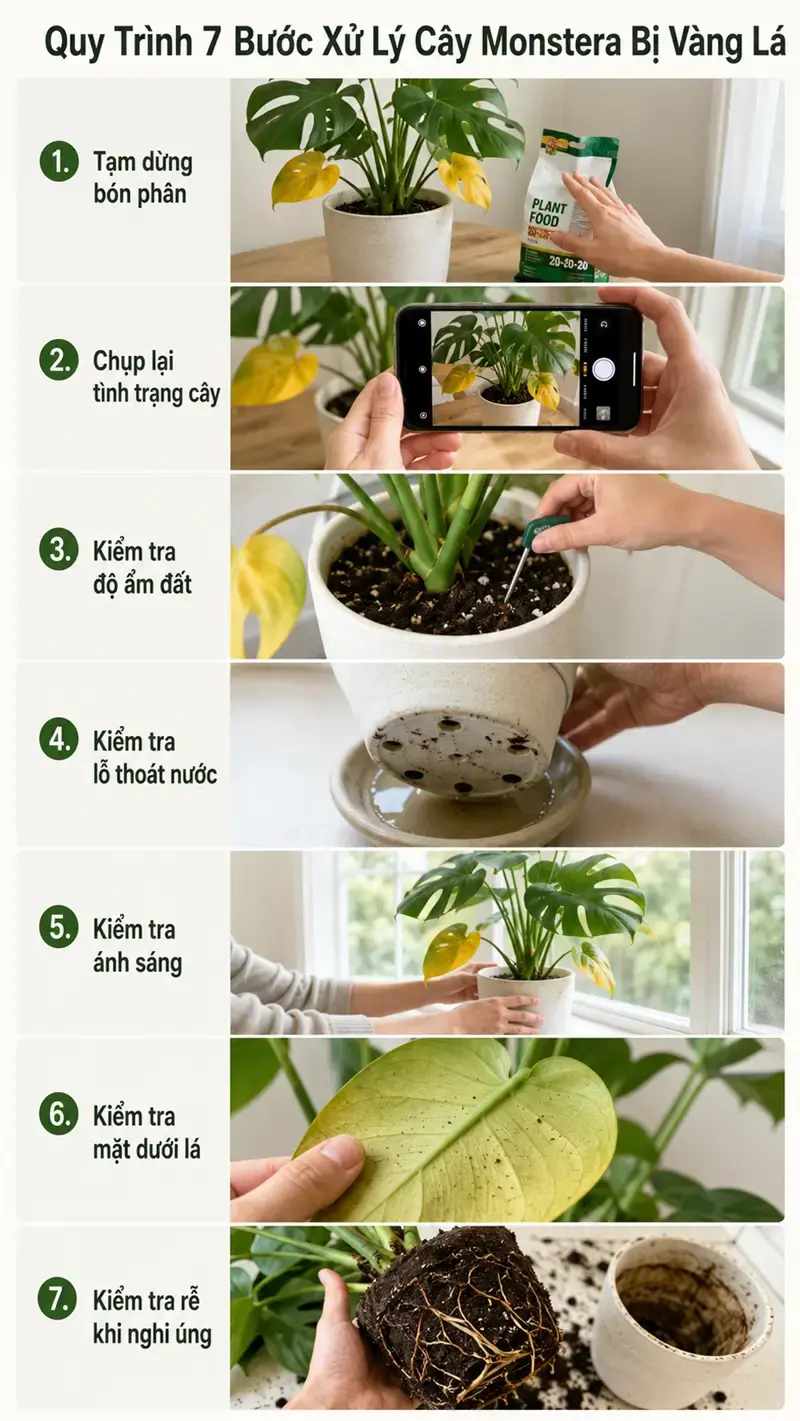 Quy trình xử lý cây Monstera bị vàng lá theo 7 bước Infographic 7 bước xử lý cây Monstera bị vàng lá.