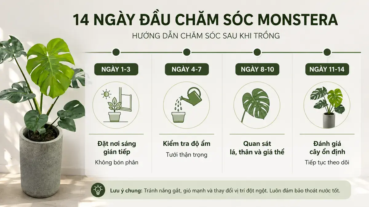 Infographic timeline chăm sóc cây Monstera trong 14 ngày đầu sau khi trồng, gồm giai đoạn đặt cây, kiểm tra độ ẩm, quan sát lá thân và đánh giá cây ổn định.