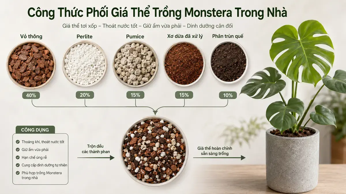 Infographic công thức phối giá thể trồng Monstera trong nhà với các thành phần như vỏ thông, perlite, pumice, xơ dừa đã xử lý và phân trùn quế.