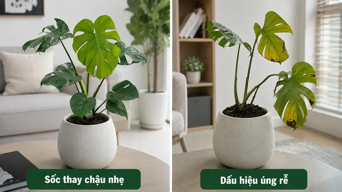 Hình ảnh so sánh cây Monstera bị sốc thay chậu nhẹ với cây có dấu hiệu úng rễ, giúp người đọc phân biệt tình trạng cây sau khi trồng.