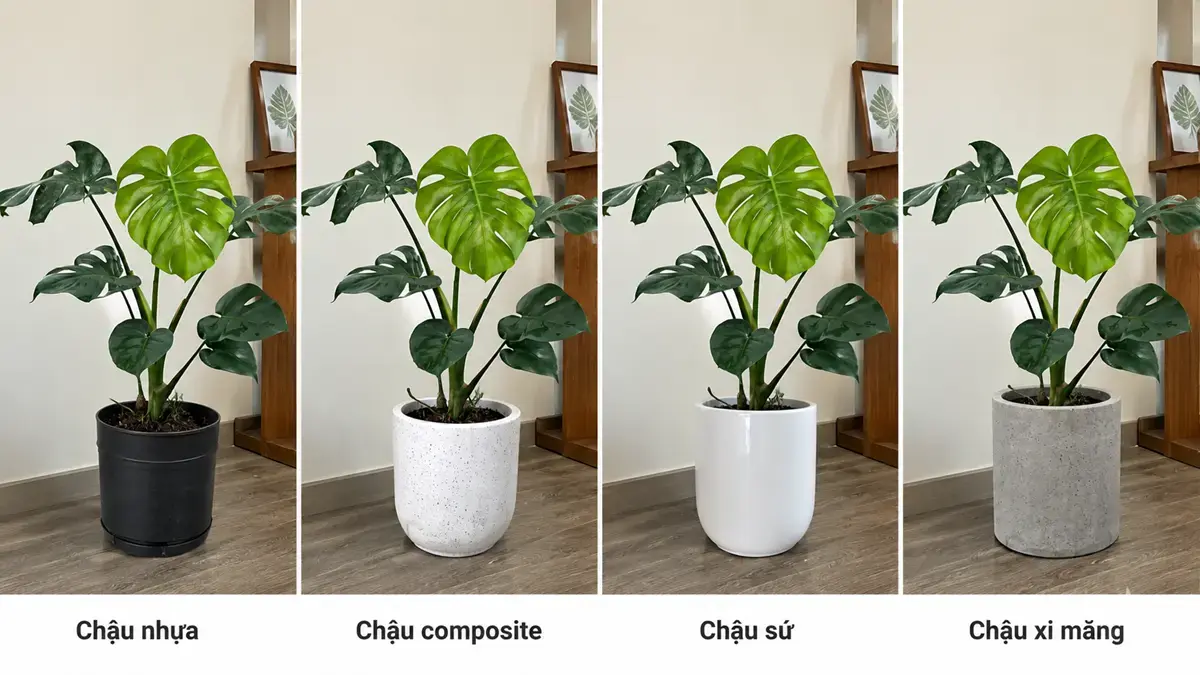 Hình ảnh so sánh cây Monstera trong bốn loại chậu phổ biến gồm chậu nhựa, chậu composite, chậu sứ và chậu xi măng.