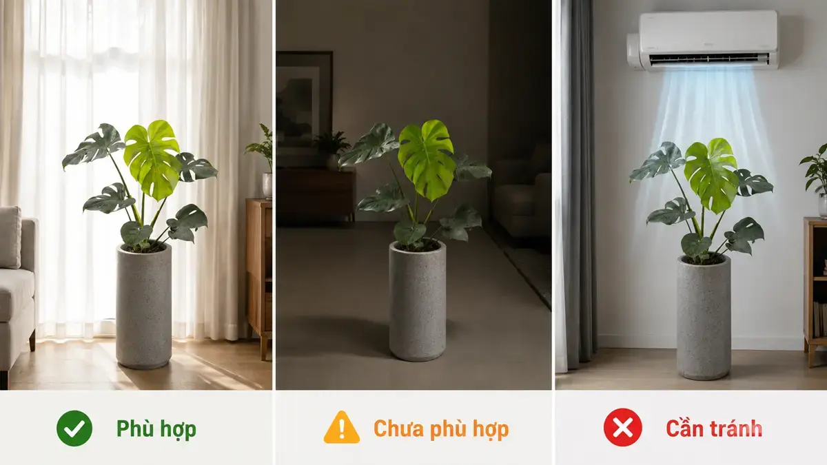 Infographic minh họa ba vị trí đặt cây Monstera trong nhà gồm gần cửa sổ có rèm, giữa phòng tối và sát máy lạnh để người đọc dễ phân biệt vị trí phù hợp.