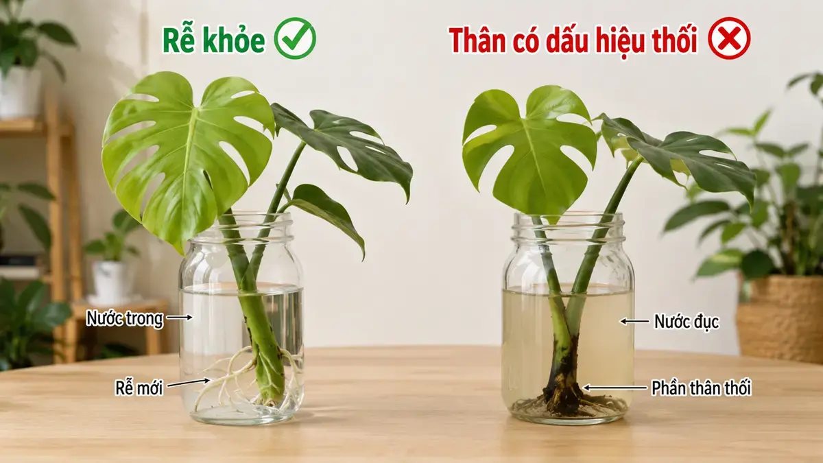 So sánh rễ Monstera khỏe và thân Monstera bị thối khi giâm trong nước Ảnh so sánh hai trường hợp giâm Monstera trong nước: cành ra rễ khỏe và cành có dấu hiệu thối thân, giúp người đọc nhận biết lỗi sớm.