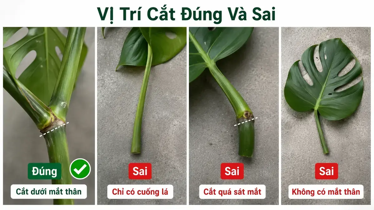 Các vị trí cắt đúng và sai khi nhân giống cây Monstera bằng cành Ảnh infographic so sánh các vị trí cắt đúng và sai khi nhân giống Monstera, giúp người trồng tránh cắt nhầm phần không thể ra cây mới.