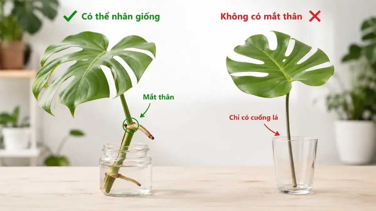 So sánh cành Monstera có thể nhân giống và lá Monstera không có mắt thân Ảnh so sánh giữa đoạn cành Monstera có mắt thân và một chiếc lá chỉ có cuống, giúp người trồng tránh lỗi cắt lá không đủ điều kiện nhân giống.