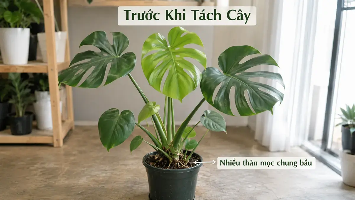 Chậu Monstera nhiều thân mọc chung bầu trước khi tách cây Ảnh minh họa chậu Monstera nhiều thân trước khi tách cây, giúp người đọc nhận biết trường hợp có thể cân nhắc chia cây thành các cụm riêng.