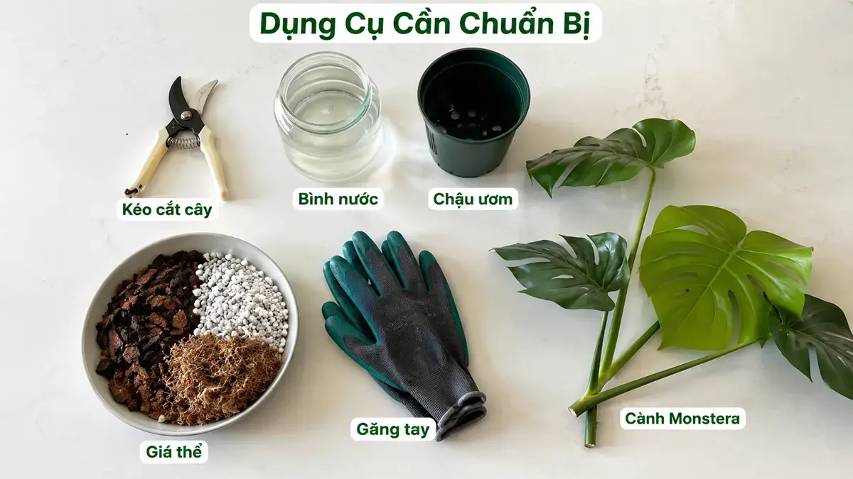 Dụng cụ nhân giống cây Monstera gồm kéo cắt cây bình nước chậu ươm giá thể và găng tay Ảnh flat lay các dụng cụ cần chuẩn bị khi nhân giống cây Monstera tại nhà, gồm kéo cắt cây, bình nước, chậu ươm, giá thể, găng tay và cành Monstera.