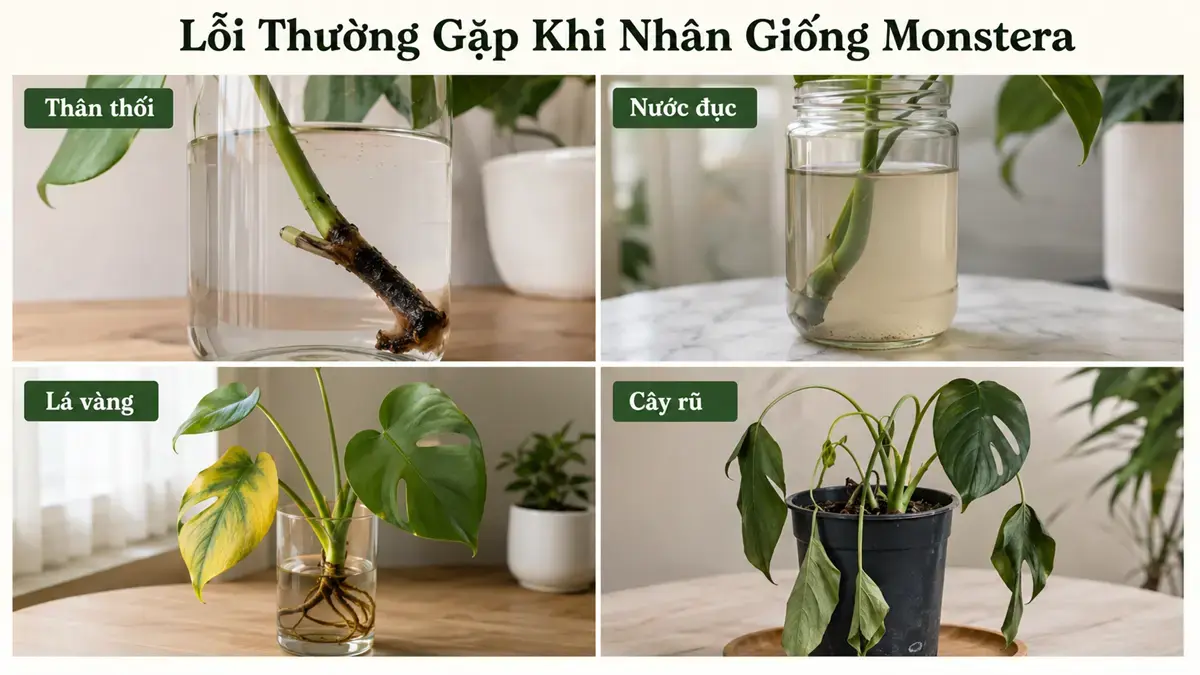 Các lỗi thường gặp khi nhân giống Monstera gồm thân thối nước đục lá vàng và cây rũ Ảnh bảng tổng hợp các lỗi thường gặp khi nhân giống cây Monstera, giúp người đọc nhận diện sớm dấu hiệu bất thường và điều chỉnh cách chăm sóc.