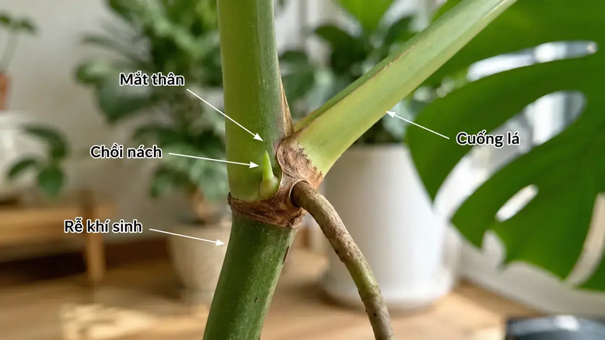 Cận cảnh mắt thân chồi nách rễ khí sinh và cuống lá của cây Monstera Ảnh cận cảnh thân Monstera có chú thích mắt thân, chồi nách, rễ khí sinh và cuống lá, hỗ trợ người đọc phân biệt các bộ phận dễ nhầm khi nhân giống.