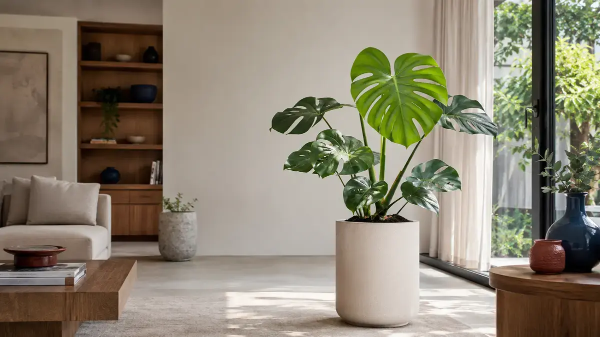 Ảnh minh họa cây Monstera đặt trong không gian nội thất hiện đại.