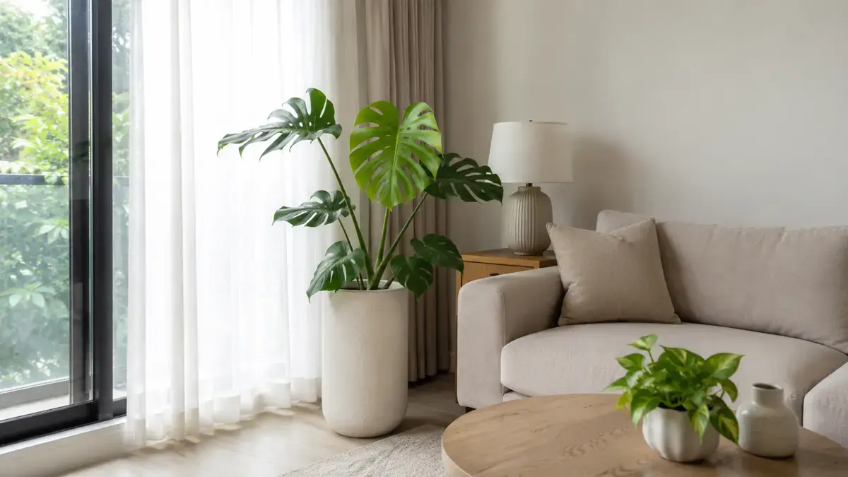 Cây Monstera đặt trong phòng khách gần cửa sổ có ánh sáng gián tiếp Ảnh minh họa cây Monstera trong phòng khách hiện đại, đặt gần cửa kính và rèm mỏng để nhận ánh sáng gián tiếp, phù hợp cho phần hướng dẫn vị trí đặt cây trong nhà.
